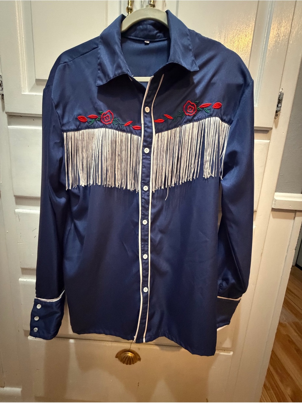 Men’s Vintage Western Style Embroidered Shirt With Fringe satin Blue L